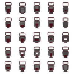 Collection of Pixelated Camera Flashes in Rows on White Background Showing Photography Technology and Vintage Electronic Equipment
