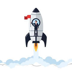 Pixel Art of a Businessman Standing Inside a White Rocket with Red Flag Achieving Success in the Sky Conceptual Illustration