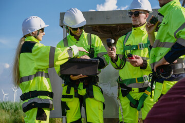 Maintenance engineer team standing at windmills at wind turbine farm. Group of people wear safety helmet and uniform working at alternative renewable energy wind station. Sustainable energy technology