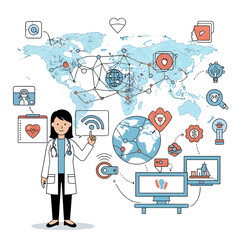 Medical Professional Pointing to Global Network Map Connecting Through Modern Technology for Healthcare Services in White Background