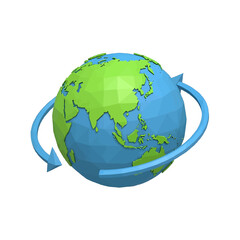 Geometric Style Globe with Light Blue Arrows Illustrating Global Rotation on White Background