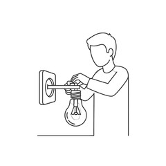 Illustration of Man Replacing Light Bulb with a Switch on a White Background