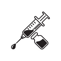 A black and white vector illustration of a syringe and a vial silhouette. 