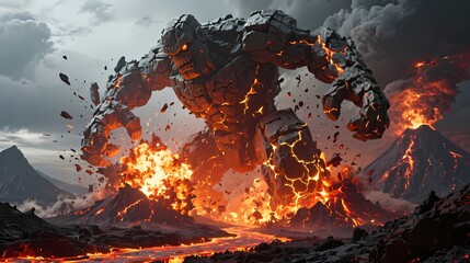 Colossal stone golem rising from volcano lava explosions glowing cracks cinematic fantasy destruction ultra-detailed