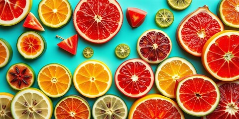 Vibrant sliced fruits, bold colors, playful pop art backdrop,  mango,   fun