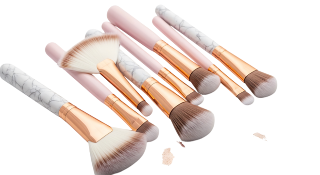 A collection of makeup brushes with pink handles and rose gold ferrules, isolated on white background