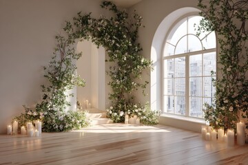 Fototapeta premium White room with floral arch and candles
