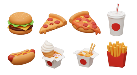 Collection of 3D rendered fast food items isolated on white.