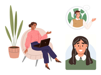 Professional woman on laptop in cozy chair, communicating via virtual meeting. Two colleagues appear in video call windows. Ideal for remote work, communication, teamwork, collaboration, networking