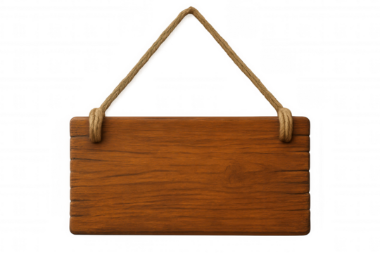 Empty wooden sign hanging from a rope, isolated on transparent background, perfect for adding your own text or design