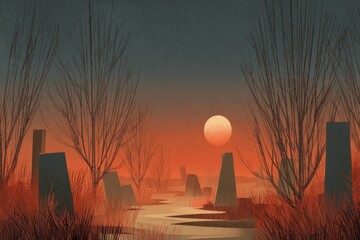 A stylized, digital landscape at sunset