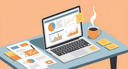 Fototapeta premium A laptop computer displaying charts and graphs sits atop a light-toned table, accompanied by papers and a steaming coffee cup, creating a modern, organized workspace.
