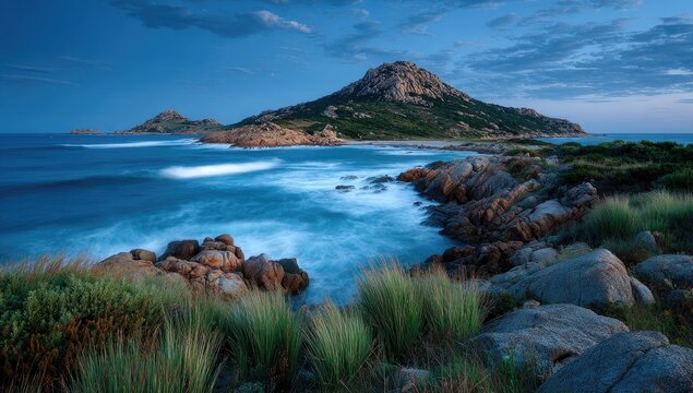 Coastal scene at twilight, rocky shore meeting a restless sea, a hilltop rises in the background