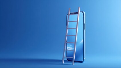 Smartphone with a ladder reaching for the sky, on a solid blue background