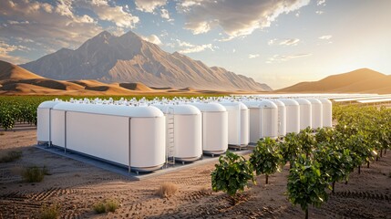 Renewable desert solar farm producing electricity for green hydrogen electrolysis hub with futuristic tanks.
