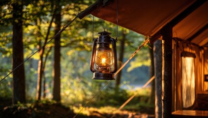 Warm light of a vintage lantern in a forest campsite