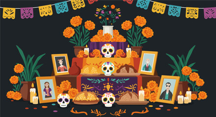 Fototapeta premium This flat design vector illustration depicts a beautifully arranged Día de los Muertos altar, honoring ancestors with marigolds, sugar skulls, and symbolic offerings.