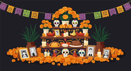 This flat design vector illustration depicts a beautifully arranged Día de los Muertos altar, honoring ancestors with marigolds, sugar skulls, and symbolic offerings.