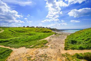 View of the landscape from the Pointe du Nid de Corbet near Audresselles in France. Nature on the coast near the Strait of Dover.
