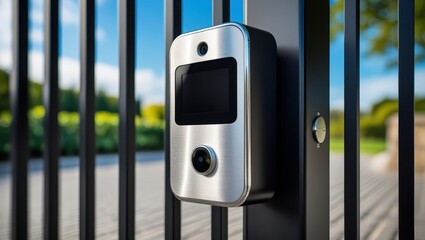 Modern security access point mounted on a black metal gate, showcasing a sleek design and clear display.