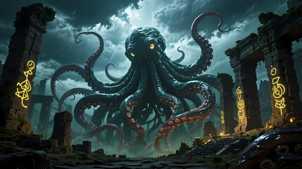 Obraz premium Colossal tentacle monster wrapping around ancient ruins storm clouds glowing runes cinematic fantasy atmosphere