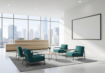 Modern Lobby Reception Office Waiting Area — Minimal Corporate Workspace with Skyline View