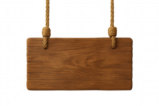 Blank wooden signboard suspended by twin ropes, ready for custom messaging against transparent backdrop