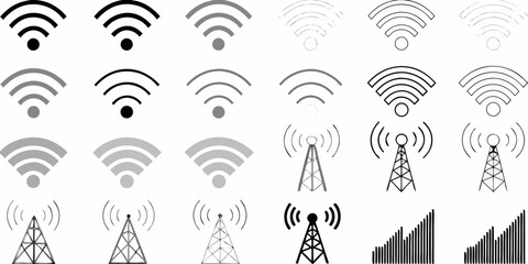 Collection of wireless signal icons and transmission towers with signal strength bars