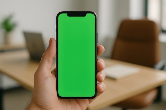 Man holding phone with green screen at desk, perfect for app or website ads with modern, professional, and clean look and feel