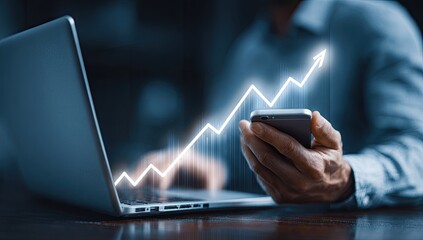 Businessman with laptop and phone, upward trend graph overlays