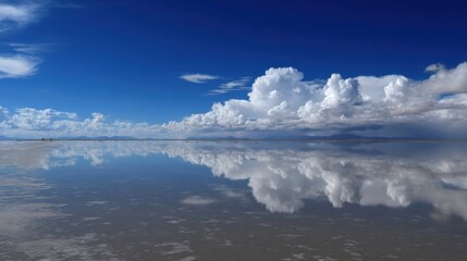 Obraz premium A serene natural scene with calm water reflecting the clear sky, scattered clouds,