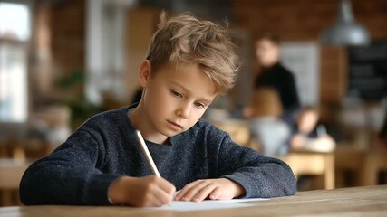 Classroom setting with a focused boy writing during a test representing education, concentration, discipline, learning, knowledge, achievement - Powered by Adobe