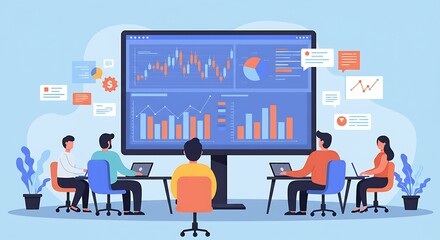 A group of businesspeople, focused on a large screen displaying various financial data, engages in collaborative analysis in a modern office setting.