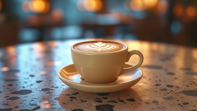 A light-beige coffee cup, laden with a latte art design, sits on a speckled countertop, bathed in warm, ambient light. - Powered by Adobe