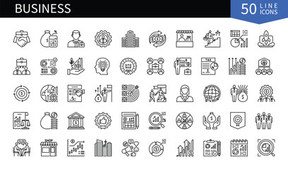 Set of 50 line icons related to Business. Containing finance, handshake, idea, leadership, money, team, presentation, revenue and more. Pictograms for web, mobile app and infographics