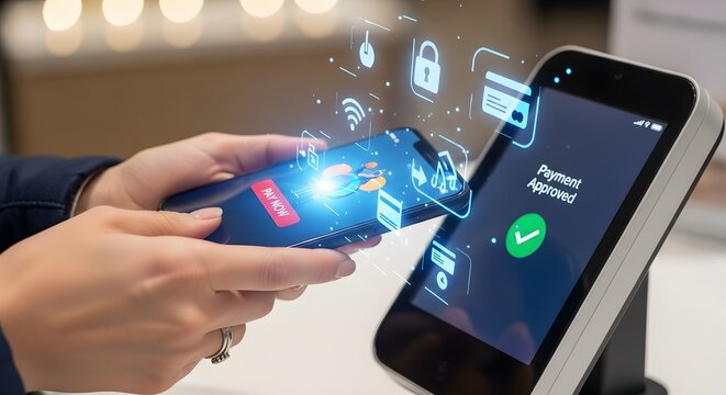 Futuristic concept of secure digital transactions using a smartphone for near field communication payment at a point of sale terminal