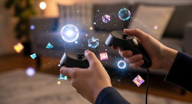 Engaging with an immersive digital experience through virtual reality, with hands manipulating glowing abstract shapes using handheld controllers
