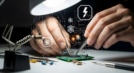 Technician's hands meticulously assembling a circuit board, symbolizing technological innovation and future electronics development