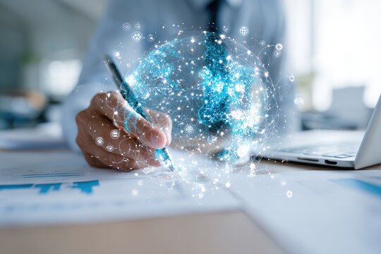 Businessperson working on documents, holographic globe overlay