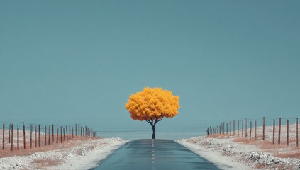 A solitary yellow tree stands sentinel on a paved road, flanked by a light brown field and a pale teal sky