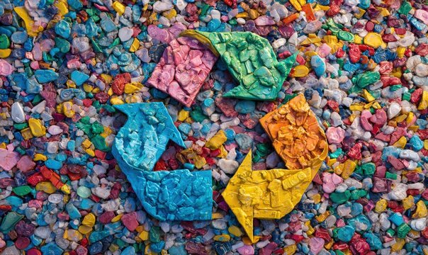 Colorful recycle symbol on a bed of multi-hued pebbles - Powered by Adobe