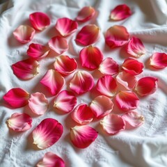 Obraz premium Pink Rose Petals on White Fabric for Romantic or Wedding Decor