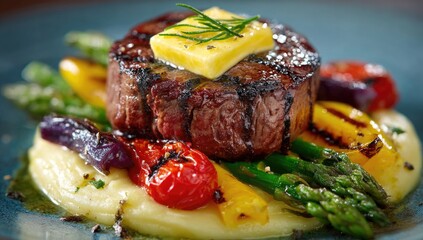 Grilled steak with butter, mashed potatoes, and roasted vegetables