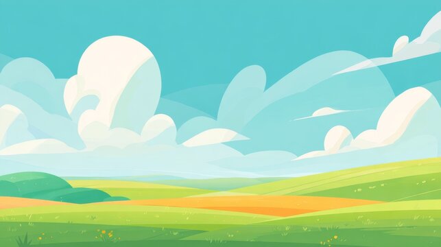 Cartoon illustration of rolling green hills under a blue sky with white cartoon clouds