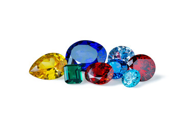 Collection of colorful gemstones including sapphire, ruby, emerald, and topaz on white background, symbolizing luxury, beauty, and elegance. Perfect for jewelry, fashion, and design concepts.