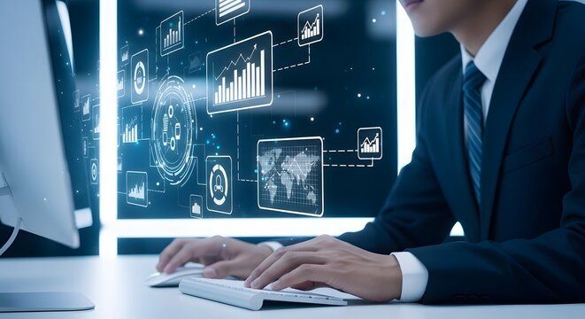 Businessman analyzing complex financial data on a futuristic digital interface for global business strategy and analytics