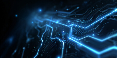 An intricate circuit board design glows with electric blue lines, showcasing the complexity of modern technology