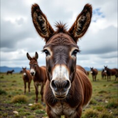 Obraz premium Close-Up of a Curious Brown Donkey in a Grassy Meadow Landscape