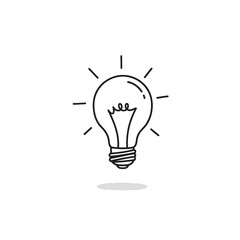 Minimalist Lightbulb Illustration with Radiating Lines and a Subtle Shadow in Black and White