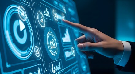Businessman interacting with a futuristic digital dashboard, analyzing complex data on a holographic touchscreen interface for business intelligence